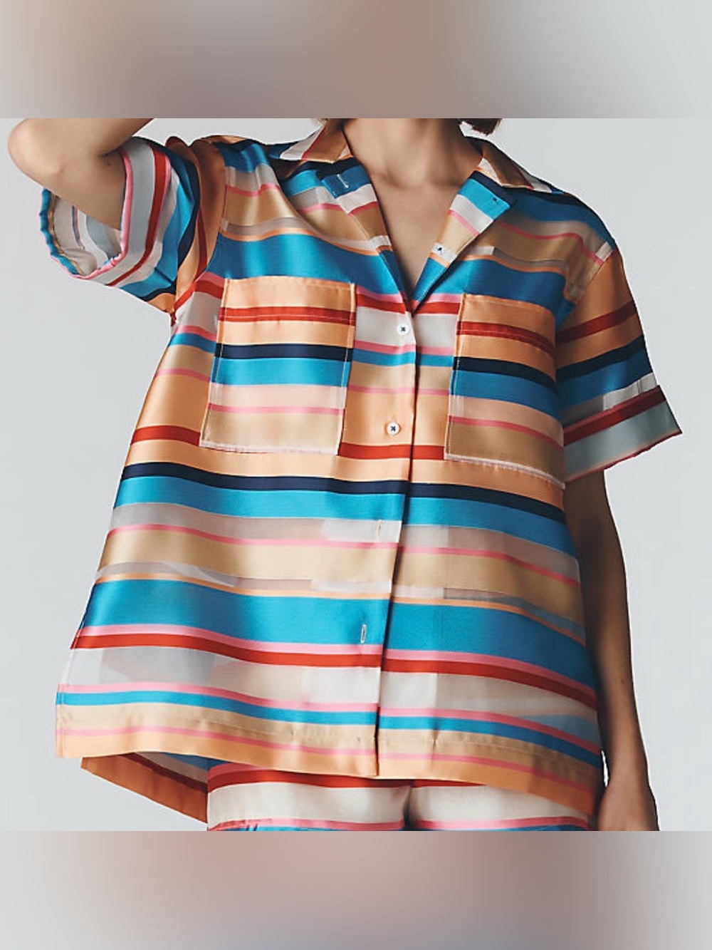 Maeve Anthropologie multi-color stripe button front short sleeve shirt. XSP